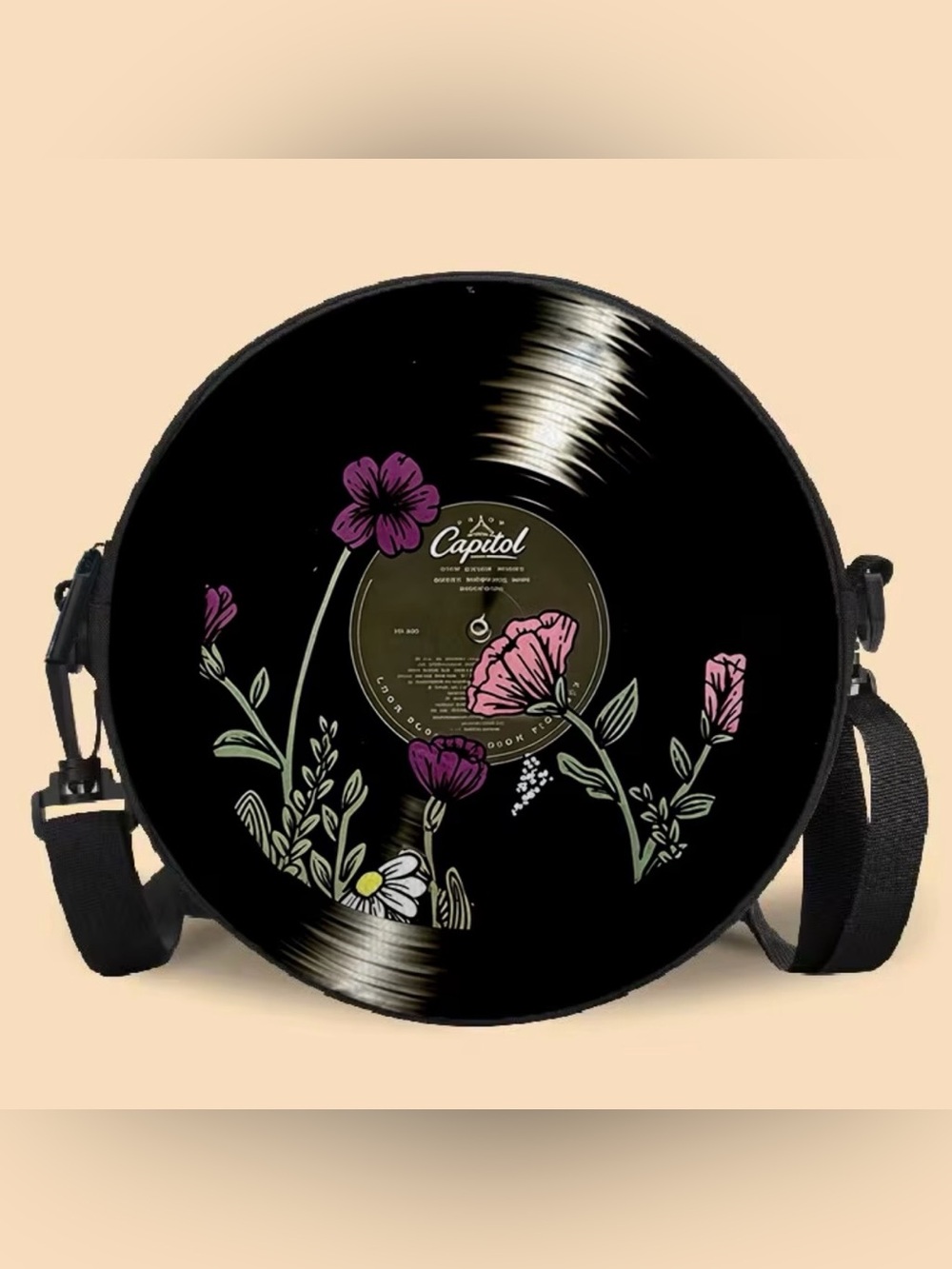 Kohl's Black Vinyl Record Crossbody Bag with Pink Floral Design